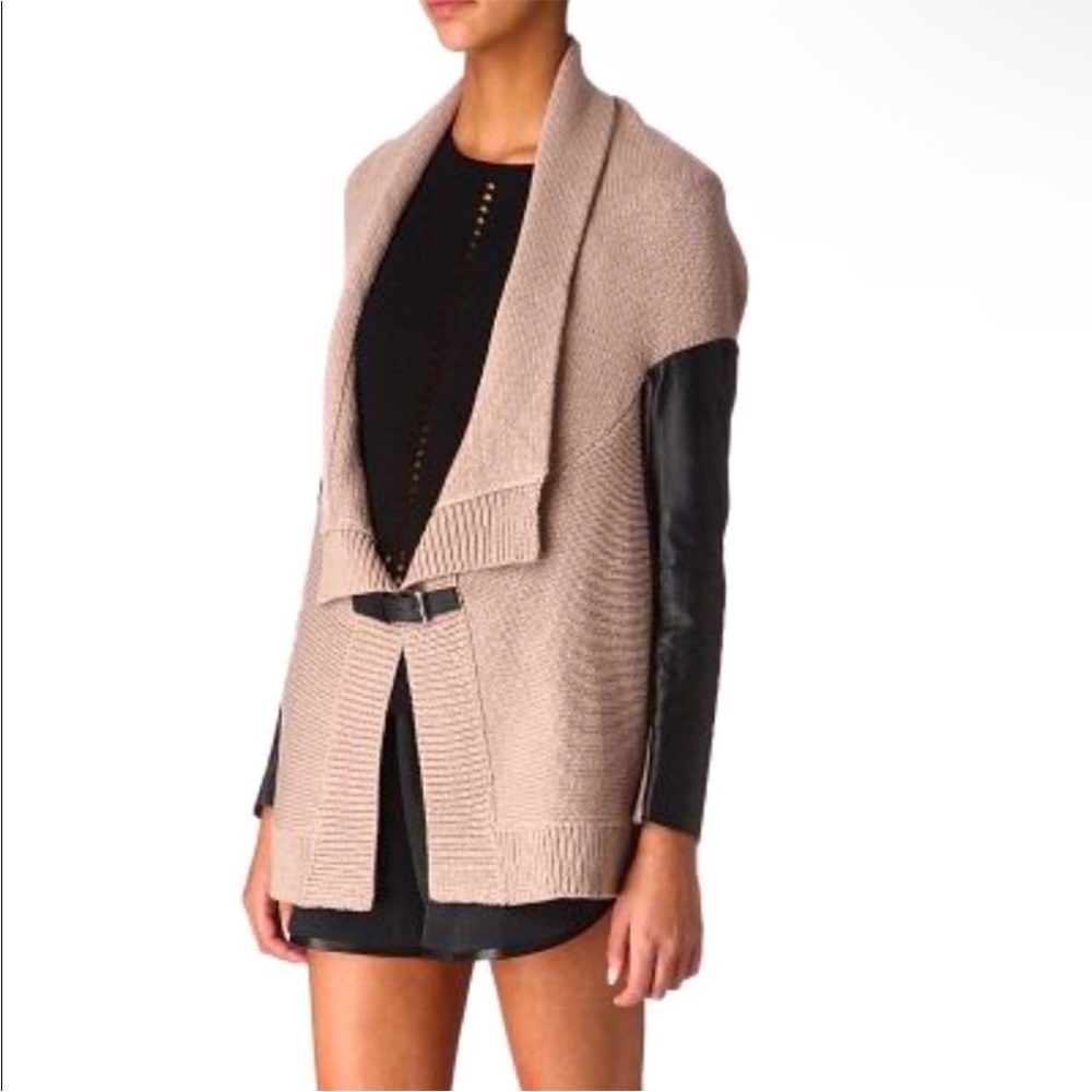 Maje Alane Knit Beige Cardigan with Lamb Leather Sleeves